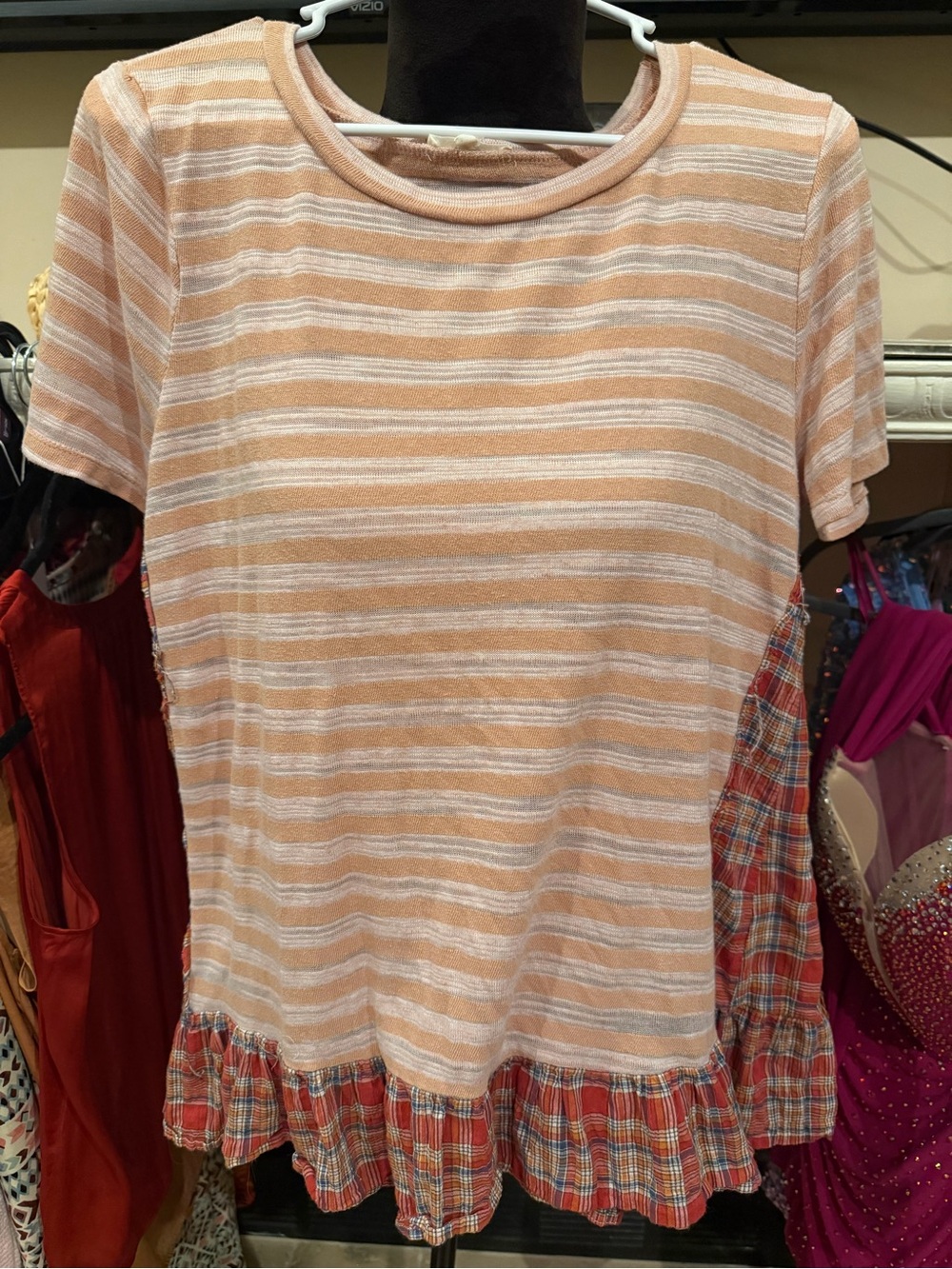 easel Peach and White Striped Short Sleeve Top with Plaid Ruffle